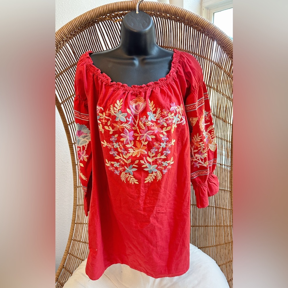 Free People Red Embroidered Flower Dress Size Large